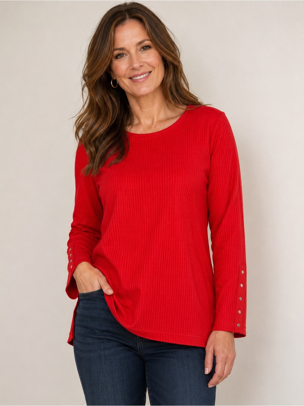 Jones New York Red Ribbed Crewneck Top